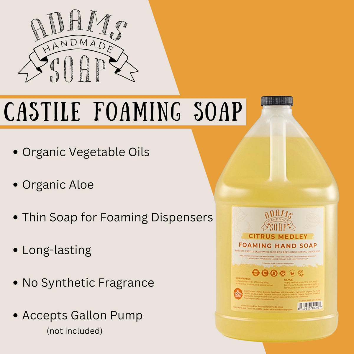 Adams Handmade Soap foaming dispenser producing foam demonstrating quick-lather benefit