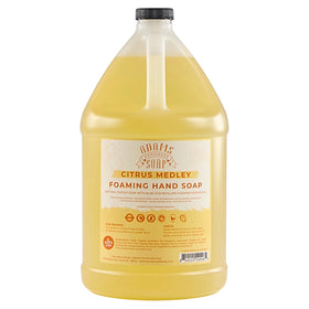 Adams Handmade Soap front view of one-gallon Citrus Medley bottle showing label and size benefit