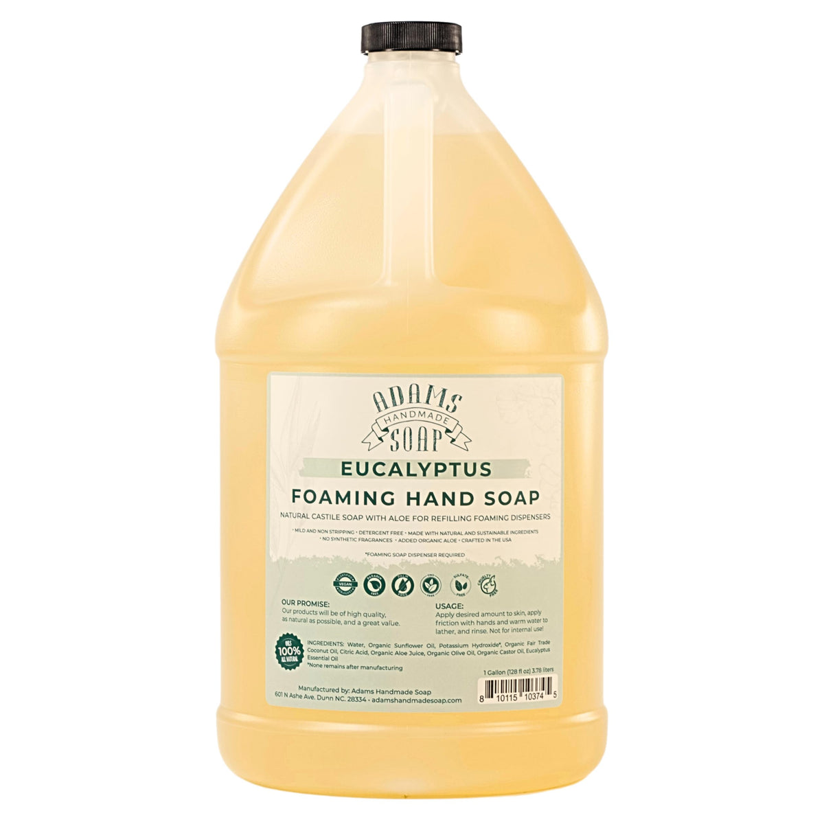Adams Handmade Soap one-gallon eucalyptus bottle front label shows product and size benefit