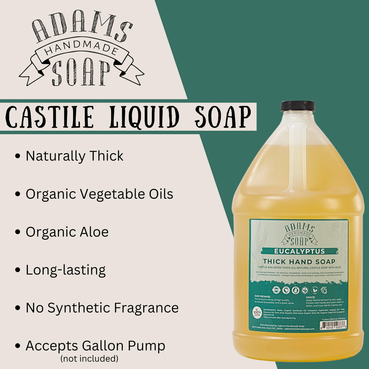Adams Handmade Soap eucalyptus bottle refill usage demonstrates saving waste and cost benefit