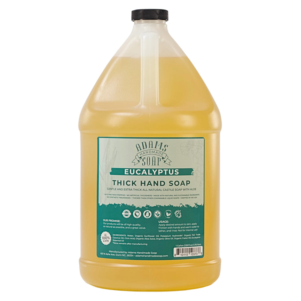 Adams Handmade Soap eucalyptus gallon front label shows organic ingredients and eco benefit