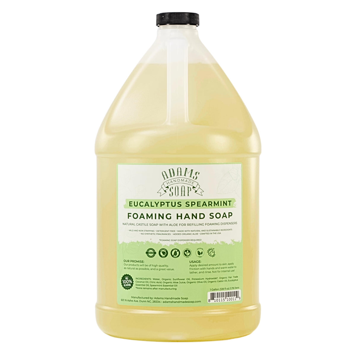 Adams Handmade Soap gallon bottle front view showing label and sizing benefit