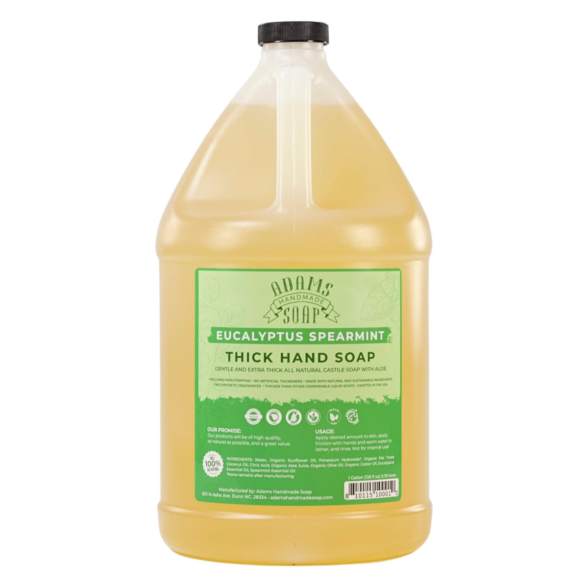 Adams Handmade Soap front-facing gallon bottle showing eucalyptus spearmint scent and refill benefit