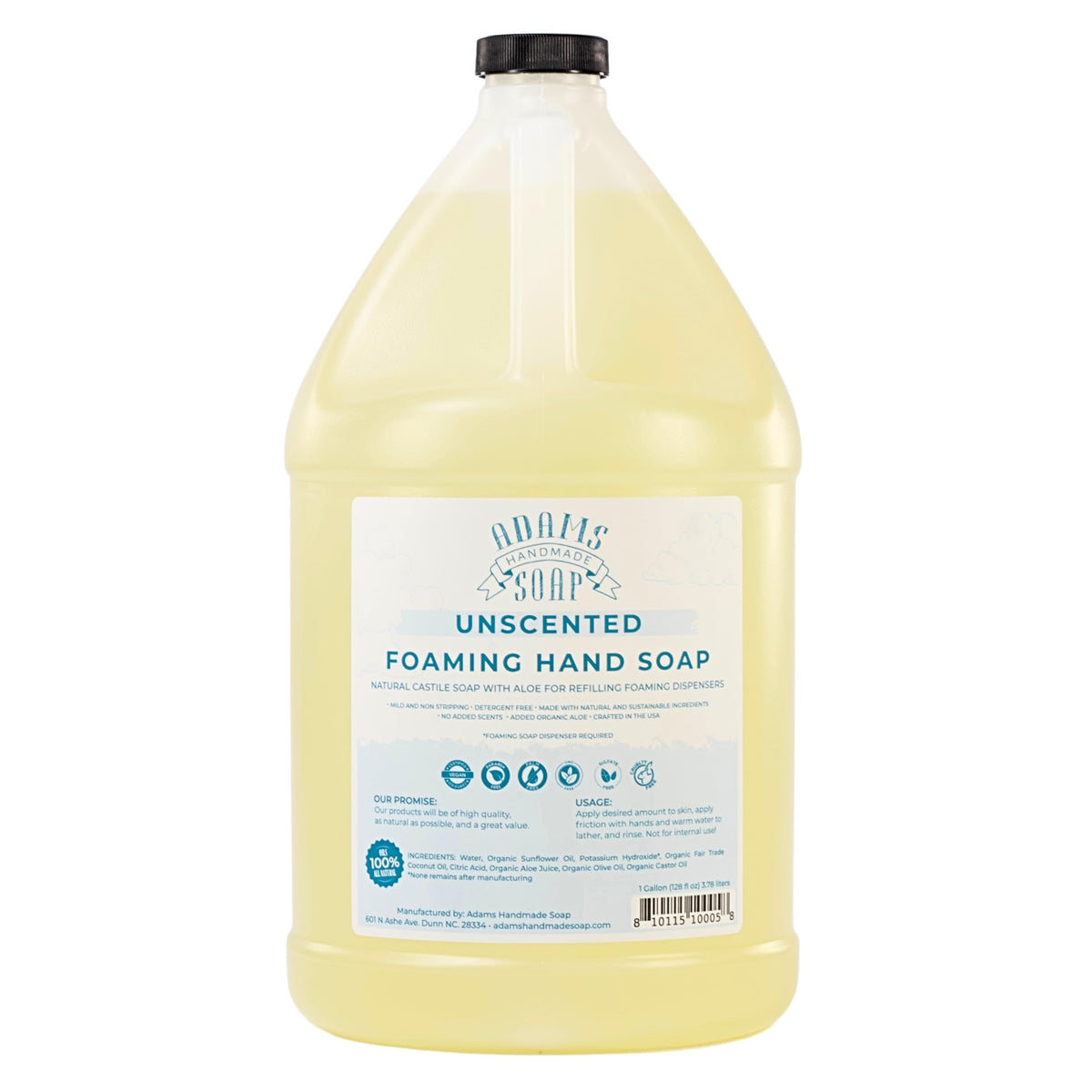 Adams Handmade Soap gallon front label showing product and unscented benefit