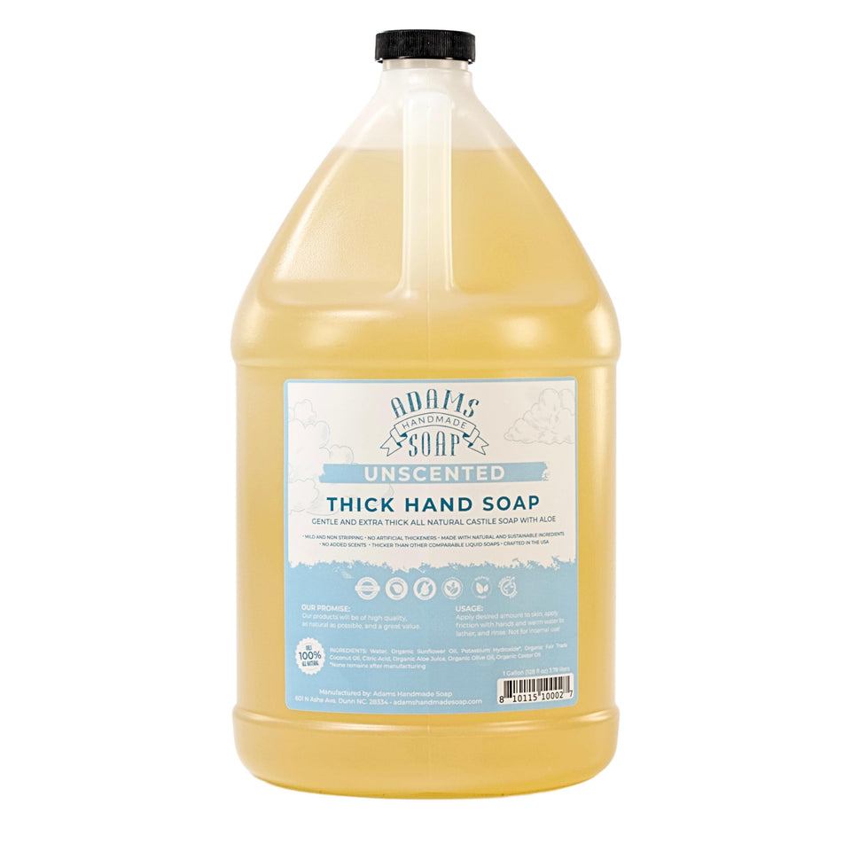 Adams Handmade Soap gallon bottle front view showing label and eco refill benefits