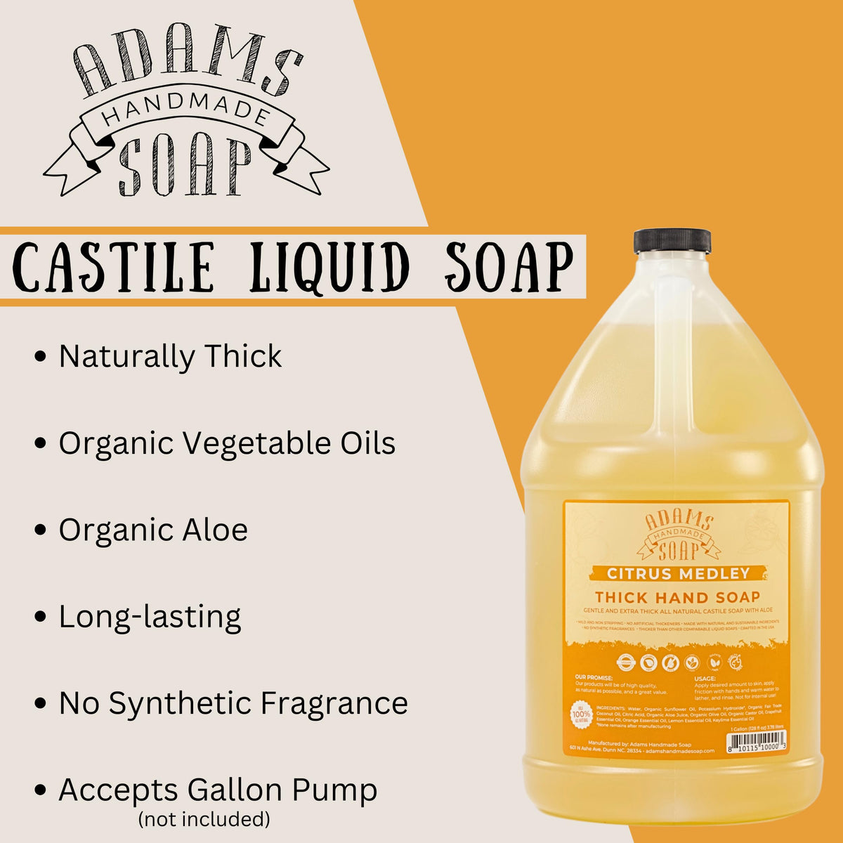 Adams Handmade Soap gallon in kitchen being poured into dispenser for eco-friendly refill benefit