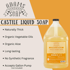 Adams Handmade Soap gallon in kitchen being poured into dispenser for eco-friendly refill benefit