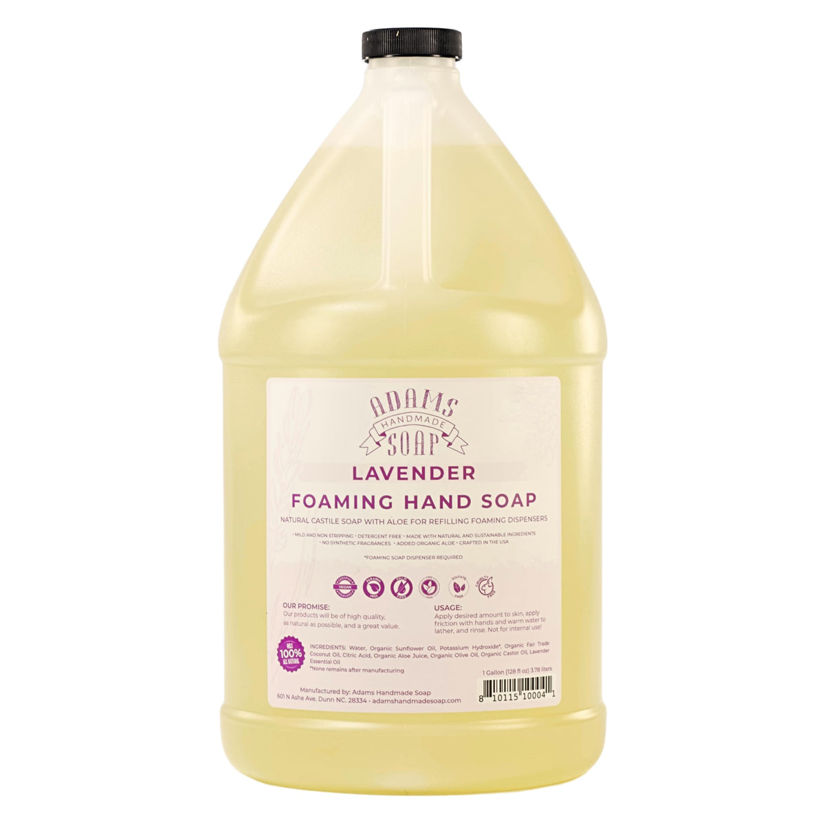 Adams Handmade Soap 1-gallon lavender refill jug front label showing product and benefit