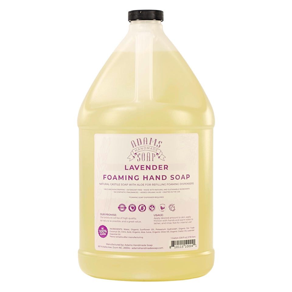 Adams Handmade Soap 1-gallon lavender refill jug front label showing product and benefit
