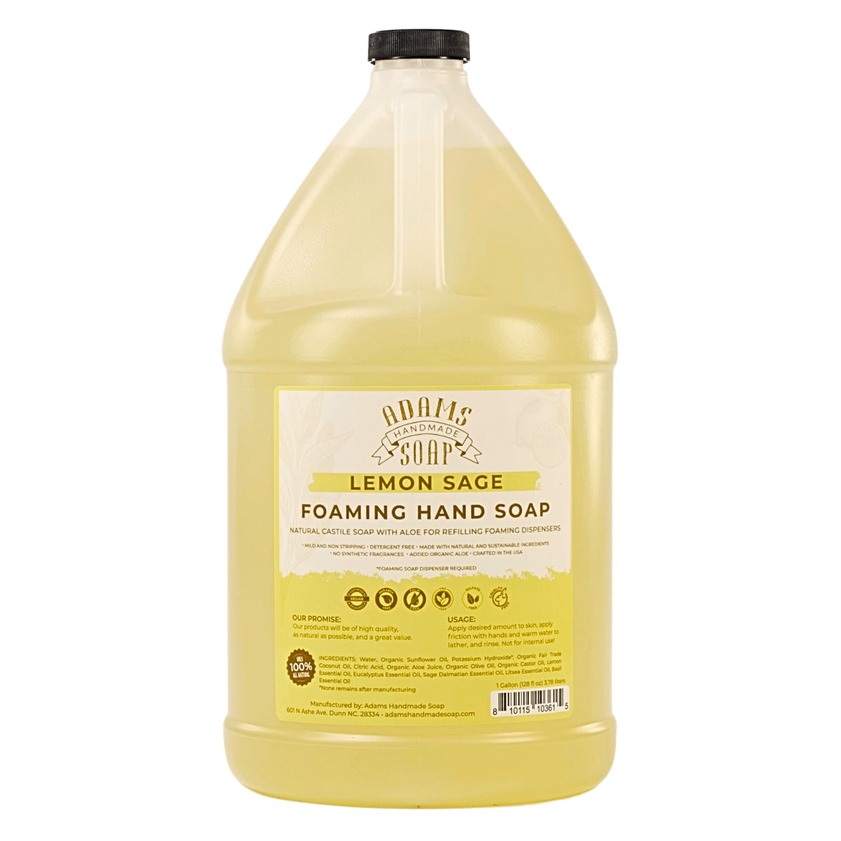 Adams Handmade Soap gallon jug front label showing lemon sage scent and refill benefit