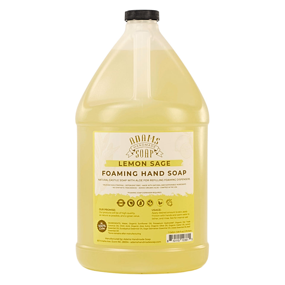 Adams Handmade Soap gallon jug front label showing lemon sage scent and refill benefit