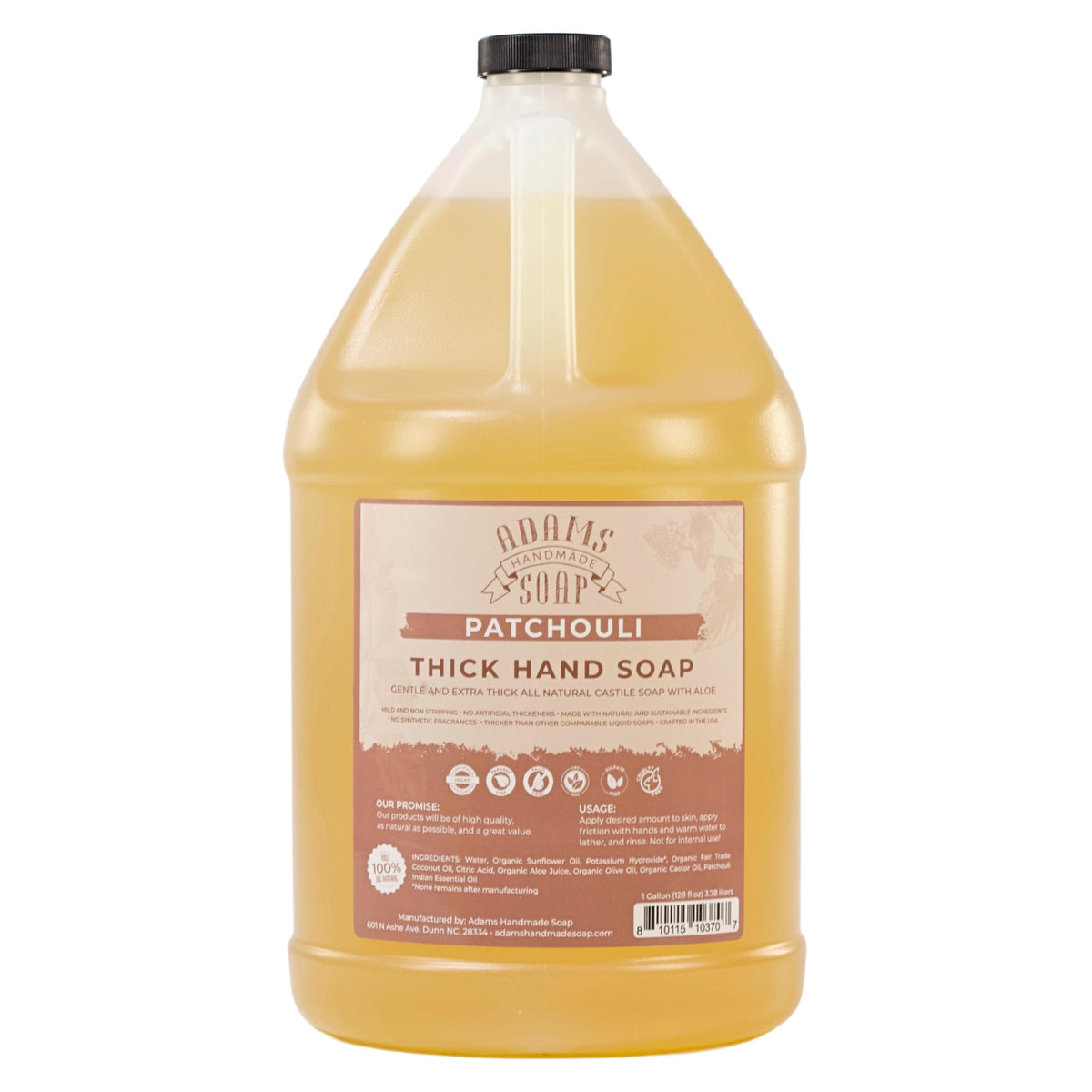 Adams Handmade Soap gallon bottle front label showing patchouli and organic benefits