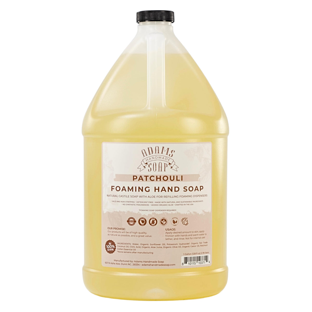 Adams Handmade Soap gallon jug front label showing patchouli scent and benefits
