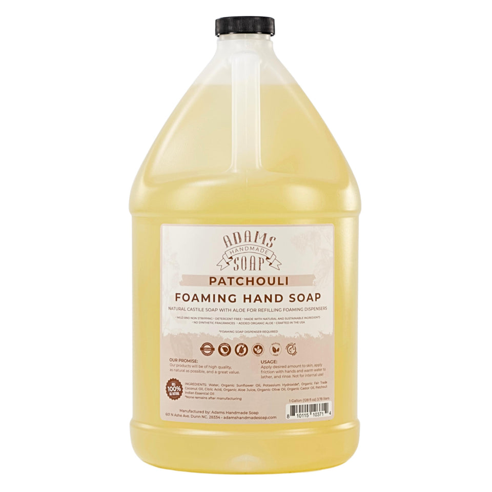 Adams Handmade Soap gallon jug front label showing patchouli scent and benefits