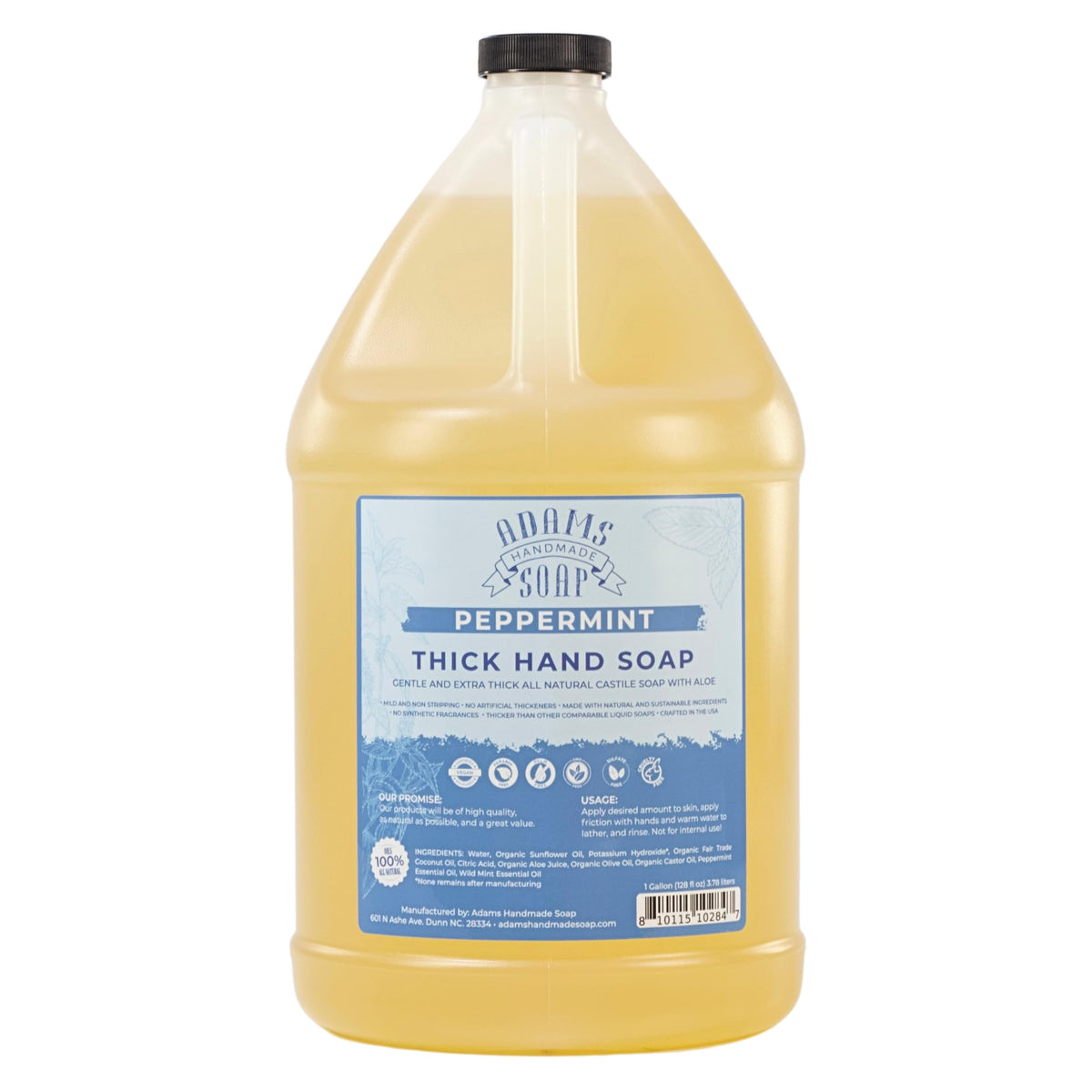 Adams Handmade Soap peppermint gallon front showing label and refill benefit