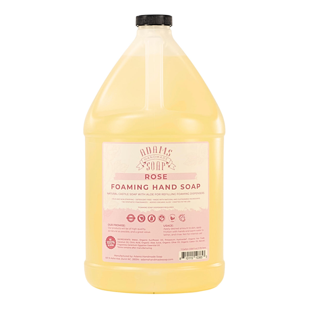 Adams Handmade Soap rose front gallon bottle showing label and refill convenience