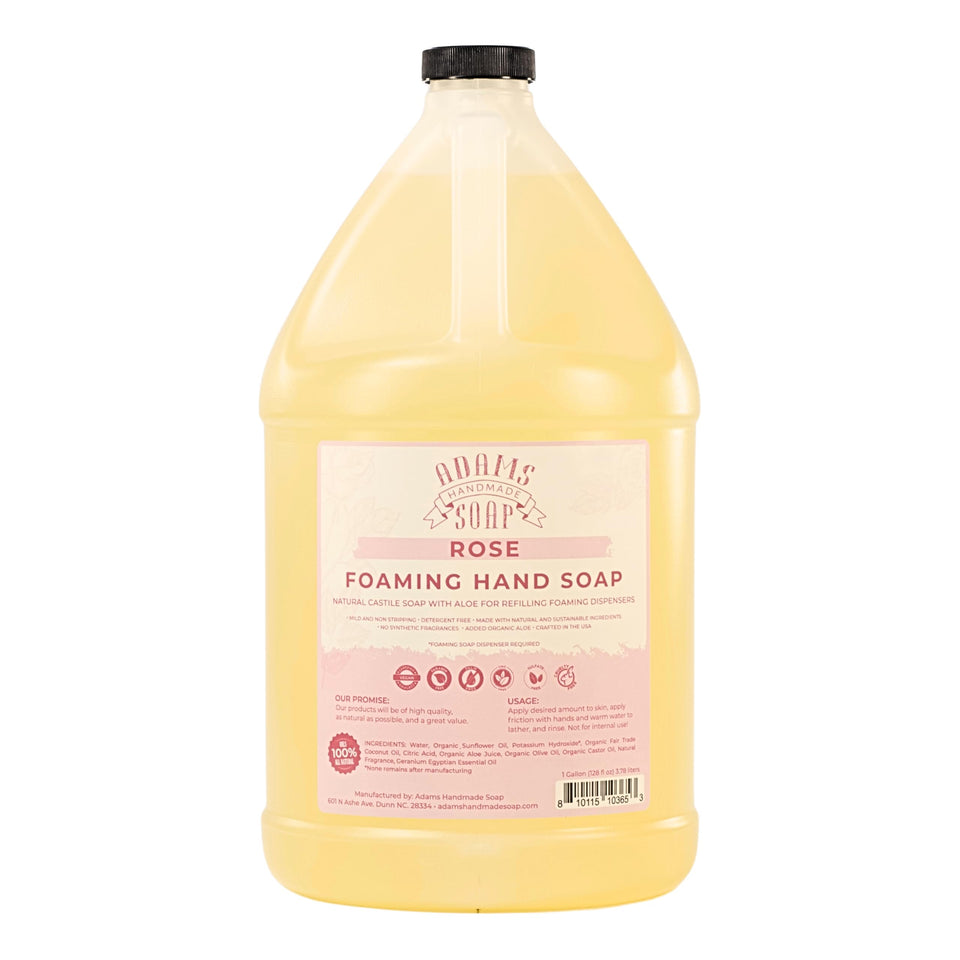 Adams Handmade Soap rose front gallon bottle showing label and refill convenience