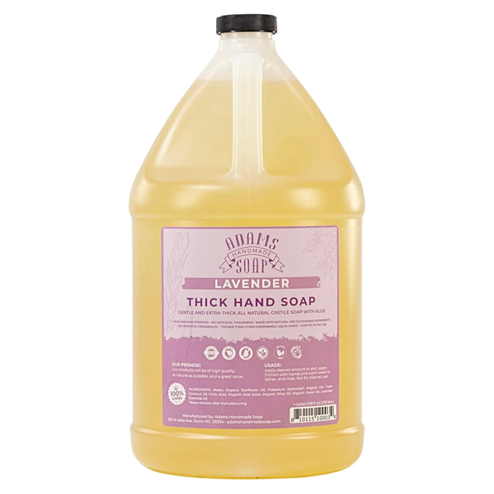 Adams Handmade Soap lavender gallon front label showing product and benefit
