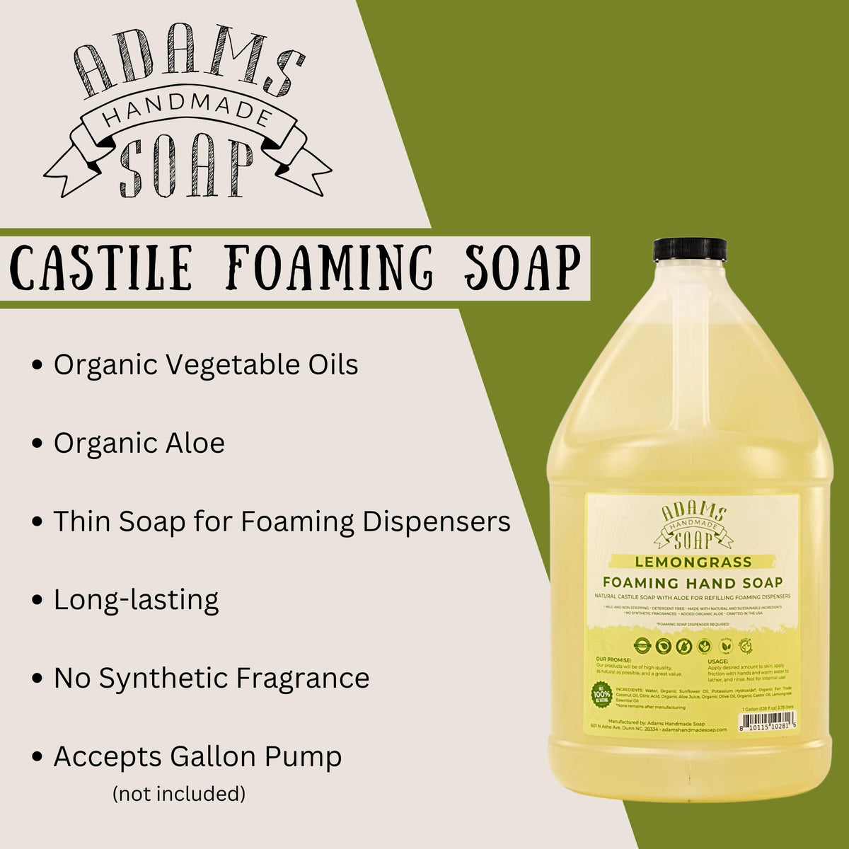 Adams Handmade Soap in foaming dispenser on kitchen counter showing clean hands benefit