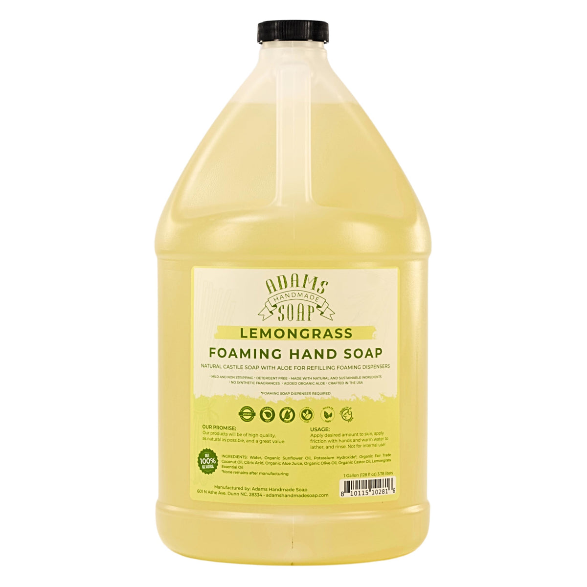 Adams Handmade Soap front label view showing product name and lemongrass scent benefits