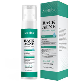 Adellina front packaging of back acne spray showing bottle and label for easy identification and use