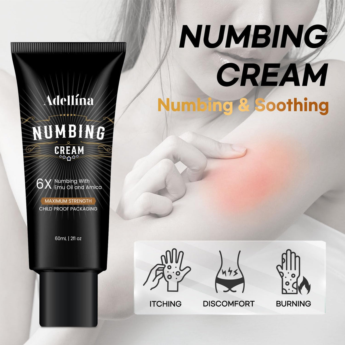Adellina tube close-up label showing formula details and strength benefits