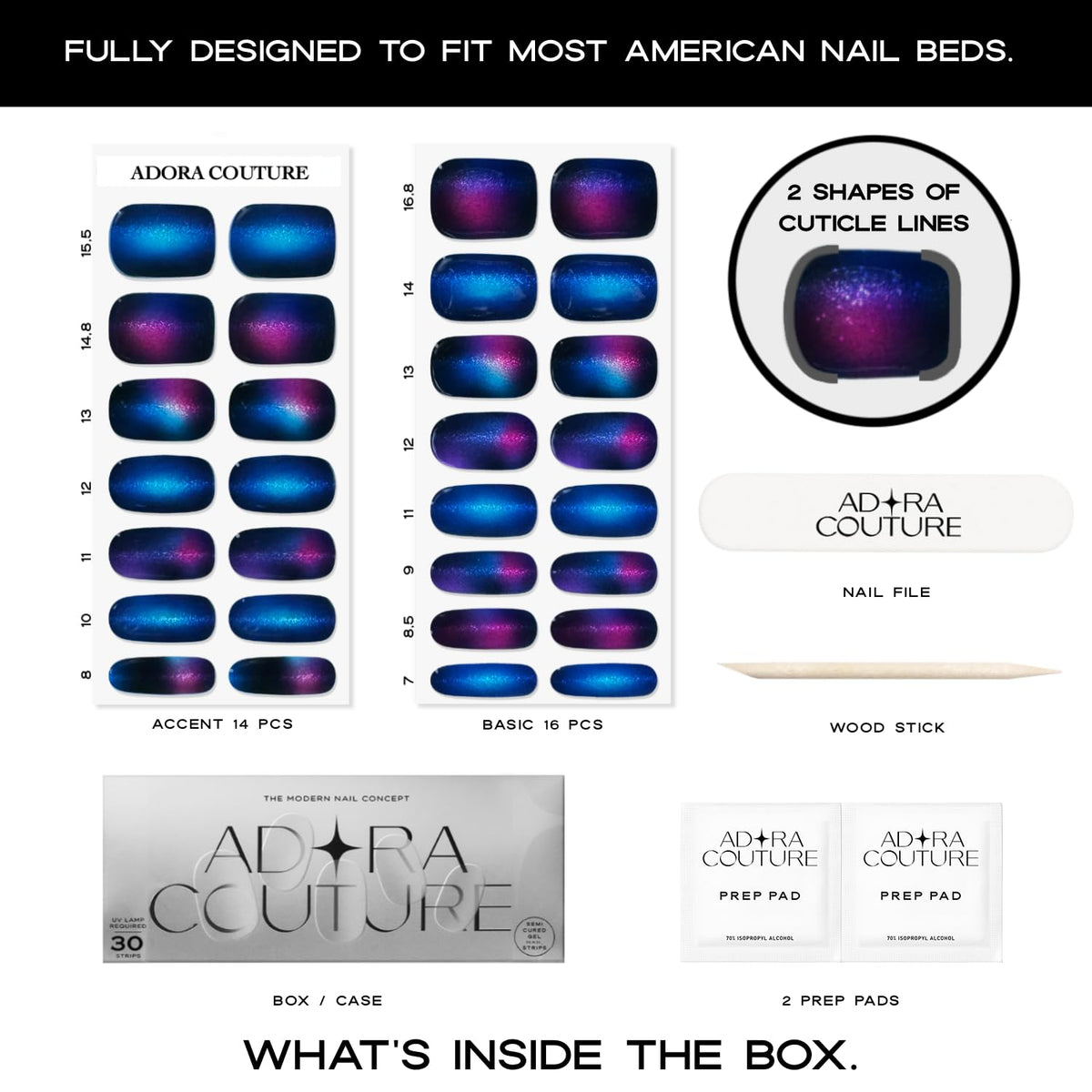 Adora Couture strips on hand showing fit and length comparison
