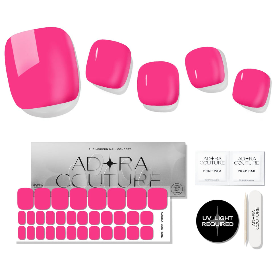 Adora Couture front packaging showing Pop Pink kit and contents for easy at-home pedicures