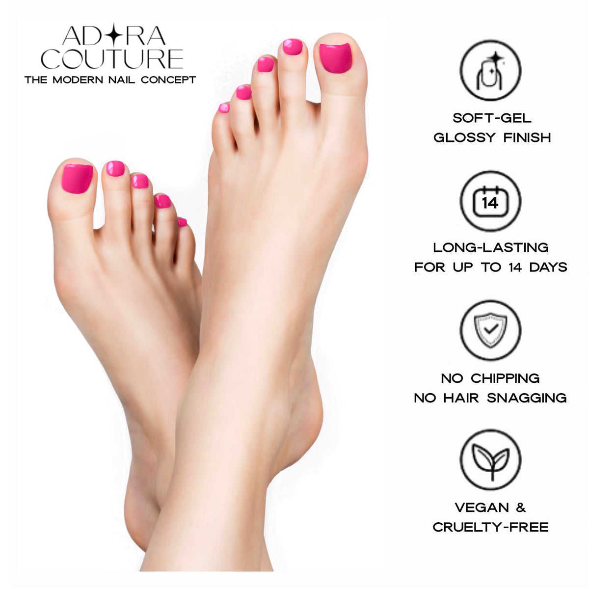 Adora Couture beach-ready toes lifestyle shot showing vibrant pop pink color confidence