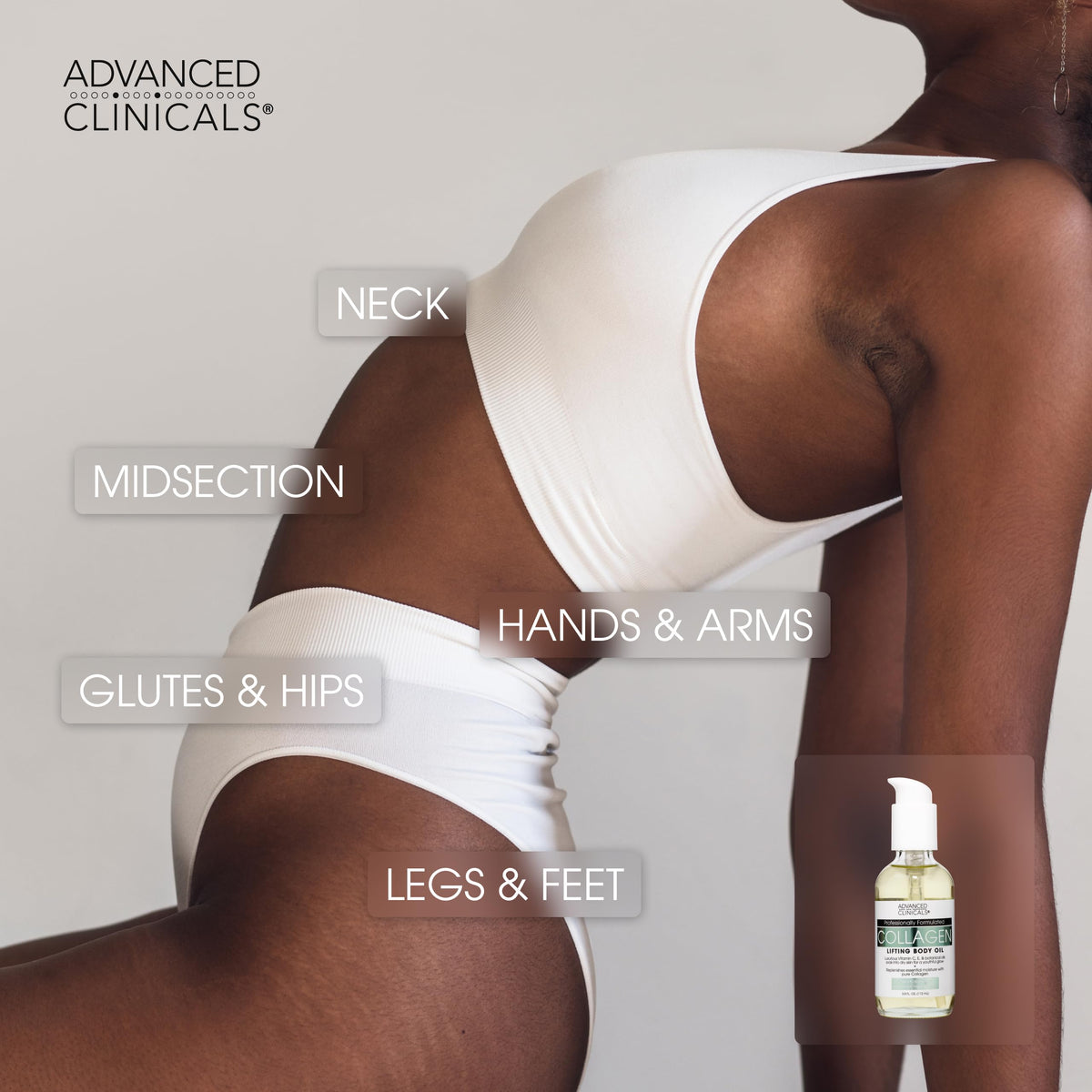 Advanced Clinicals collagen body oil bottle closeup highlighting lightweight finish