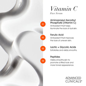 Advanced Clinicals bottle label detail listing vitamin C, ferulic, glycolic and lactic acids