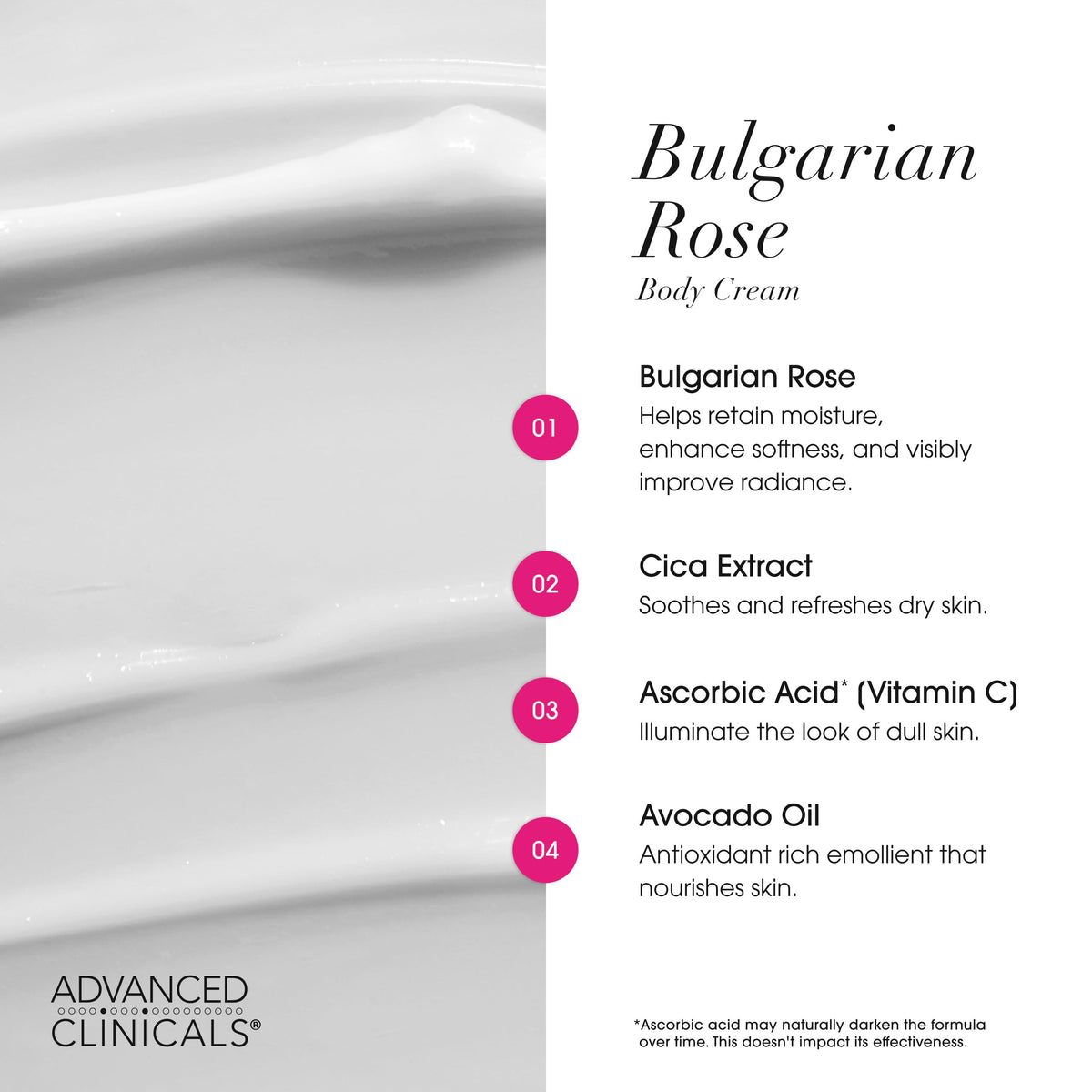 Advanced Clinicals bottle with rose petals in lifestyle shot highlighting soothing rose scent