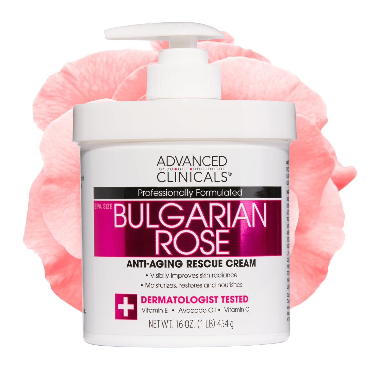 Advanced Clinicals front packaging showing 16 oz jar and rose scent benefits
