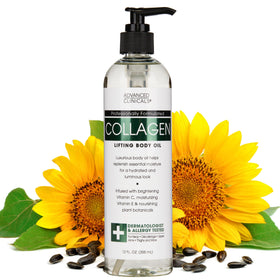 Advanced Clinicals front bottle showing collagen body oil and benefits