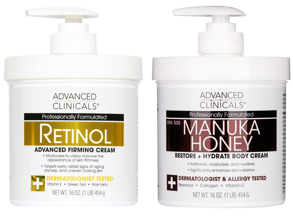 Advanced Clinicals front packaging showing both unscented retinol and Manuka creams benefits