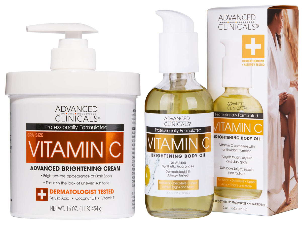 Advanced Clinicals front packaging showing both cream and body oil for visible radiance