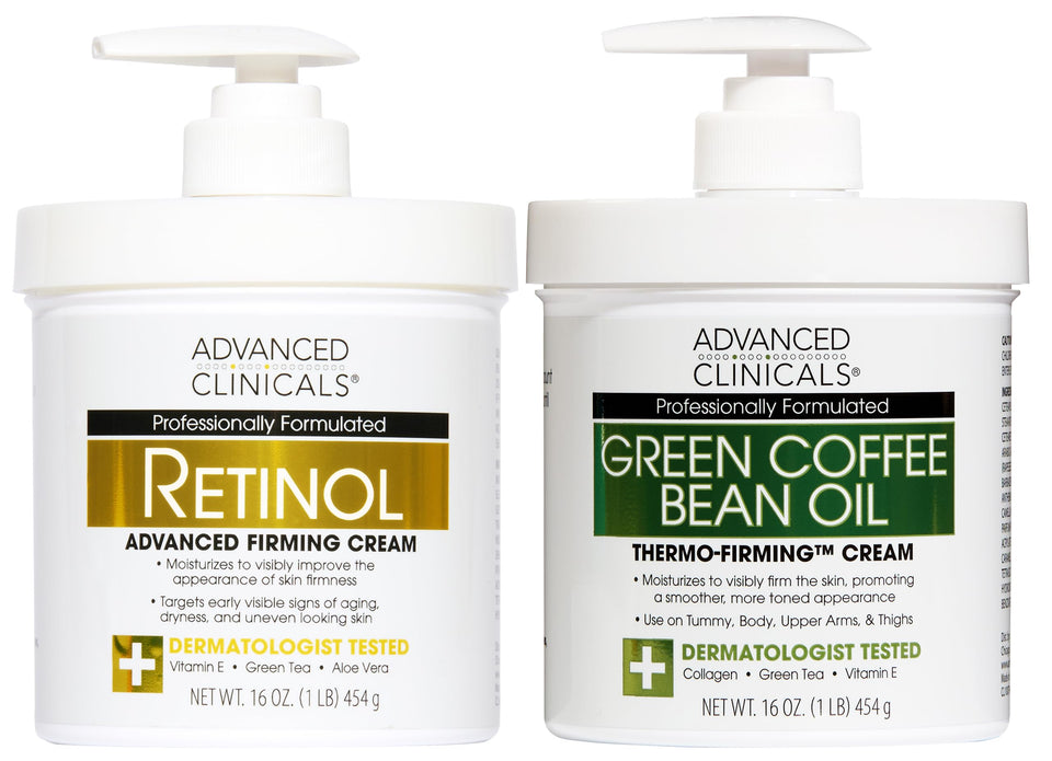 Advanced Clinicals front packaging of retinol and green coffee duo showing set benefit