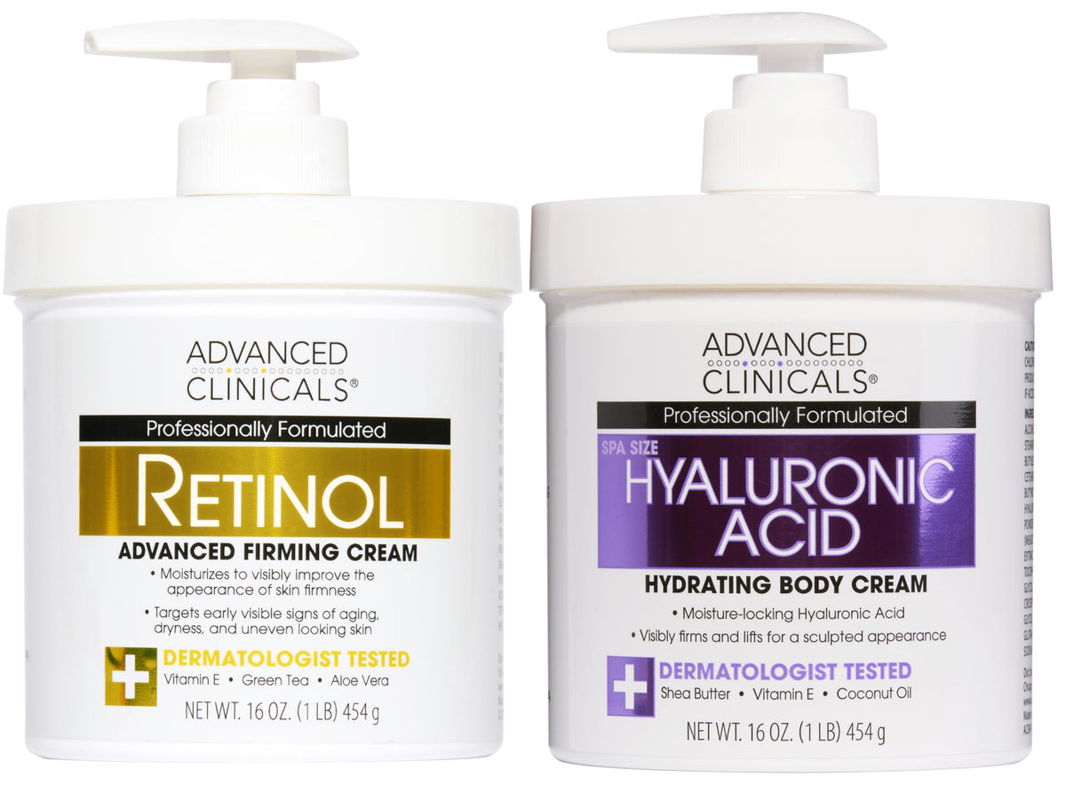 Advanced Clinicals front packaging of retinol and hyaluronic set showing product benefits