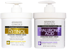 Advanced Clinicals front packaging of retinol and hyaluronic set showing product benefits