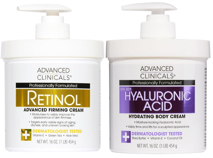 Advanced Clinicals front packaging of retinol and hyaluronic set showing product benefits