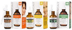 Advanced Clinicals front packaging showing the three serum bottles and benefits