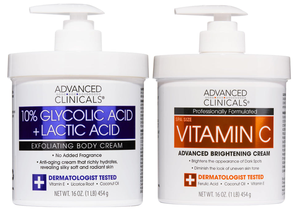 Advanced Clinicals front packaging showing both brightening cream and AHA lotion for visible brightening
