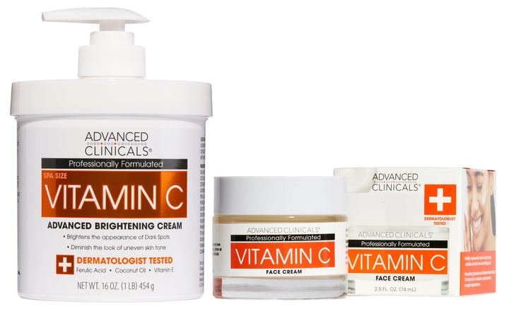 Advanced Clinicals front packaging of the two‑piece Vitamin C brightening set showing both products for unified routine