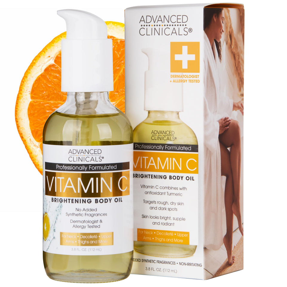 Advanced Clinicals bottle front packaging showing vitamin C body oil benefits