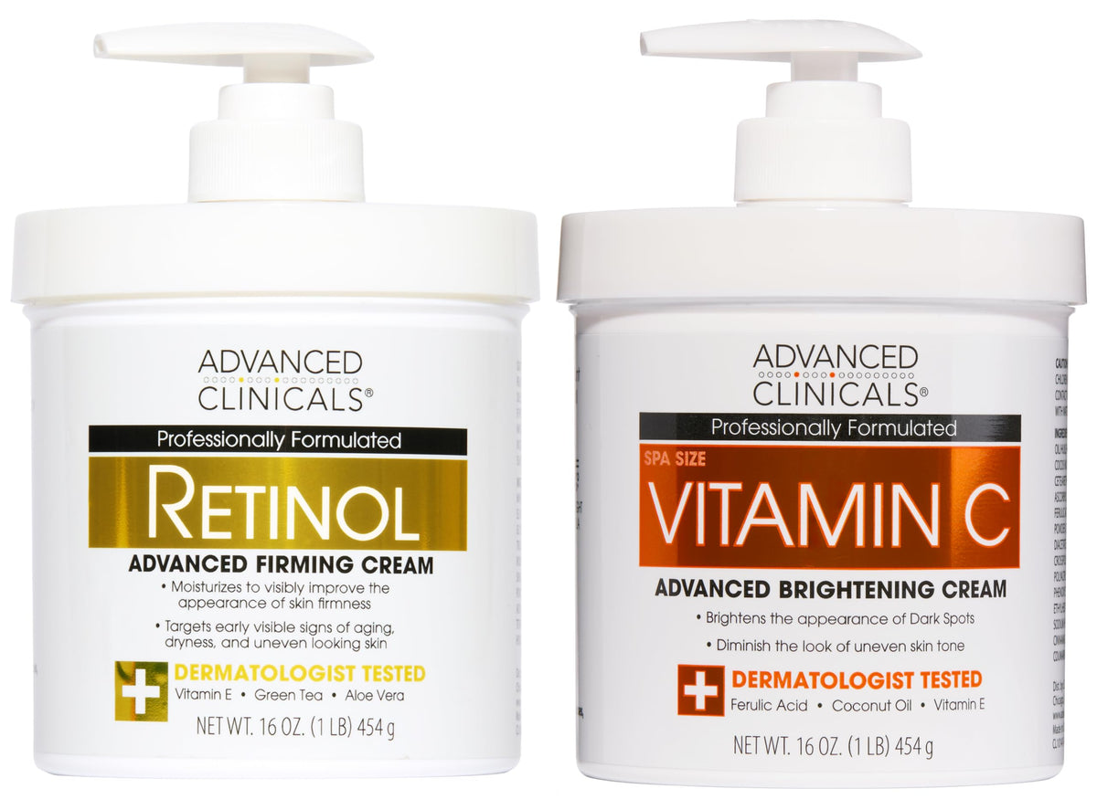 Advanced Clinicals front packaging of two lotion bottles showing set benefits
