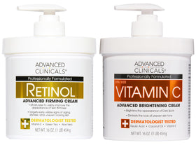 Advanced Clinicals front packaging of two lotion bottles showing set benefits