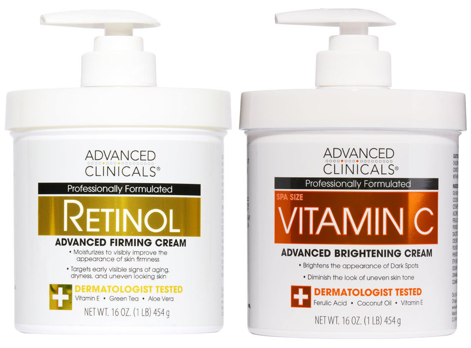 Advanced Clinicals front packaging of two lotion bottles showing set benefits