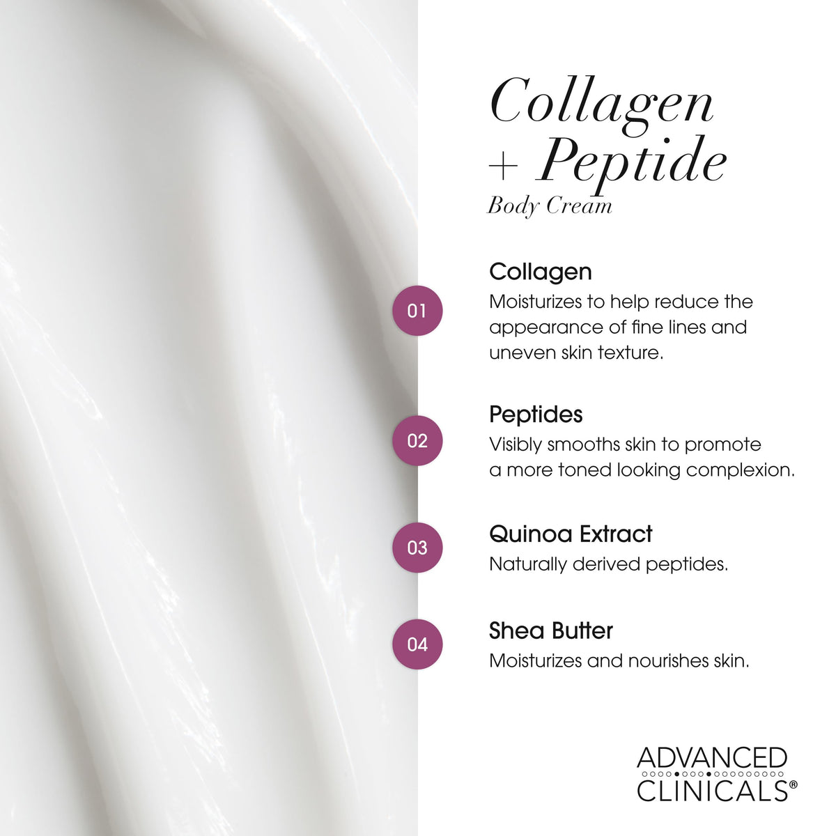 Advanced Clinicals ingredients label showing peptides, shea and green tea benefits