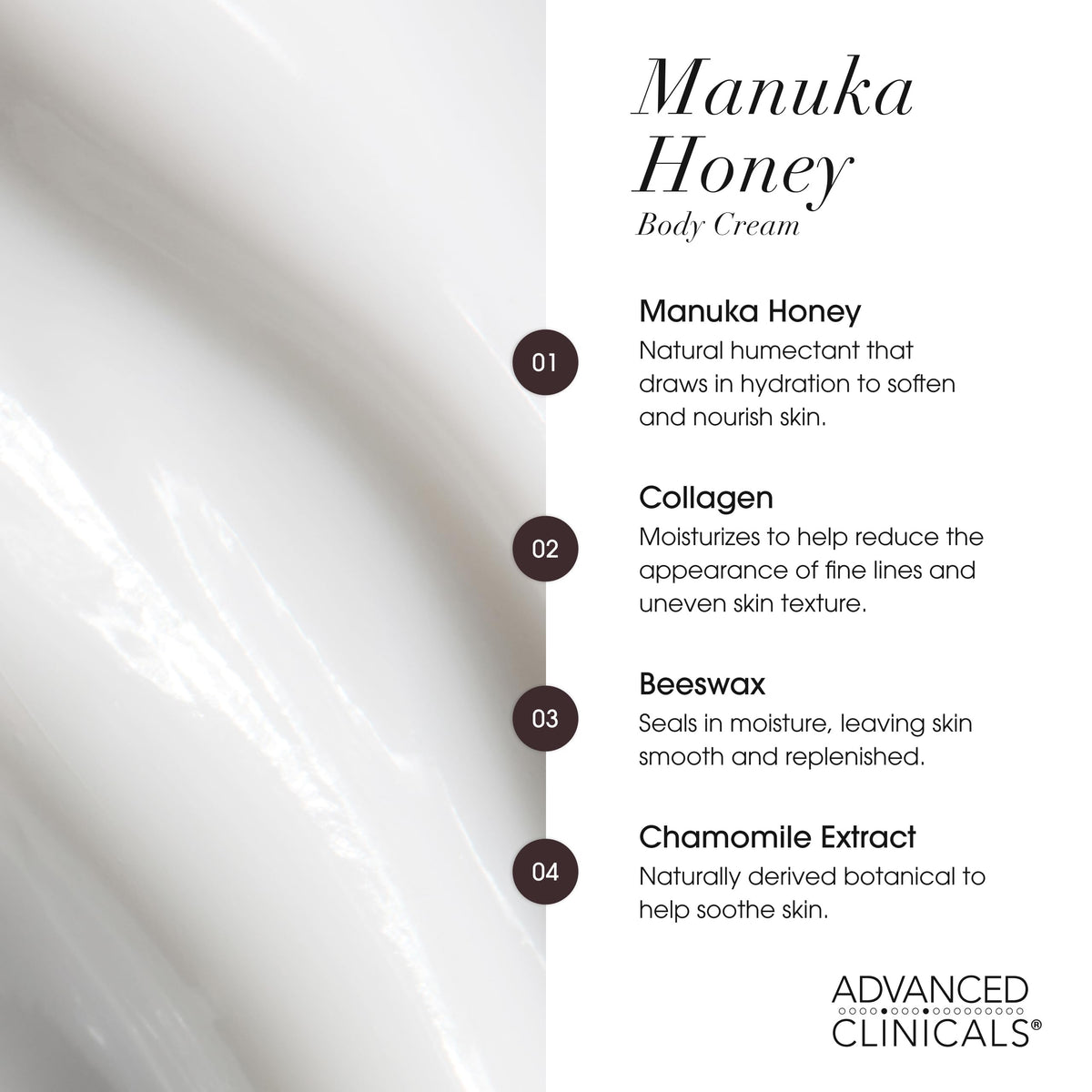 Advanced Clinicals ingredient label close-up, highlights collagen and vitamin E benefits