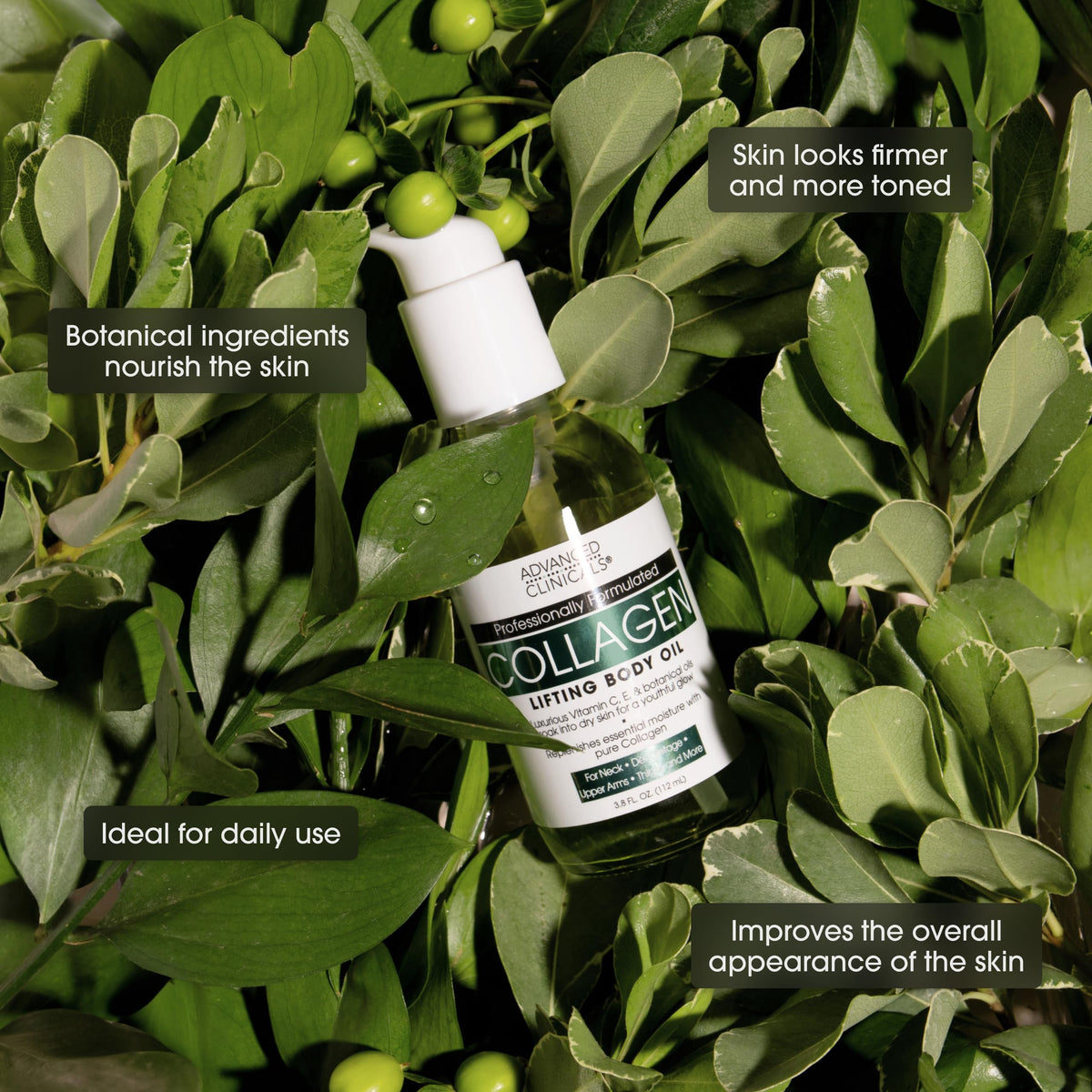 Advanced Clinicals oil droplet on skin illustrating quick absorption and glow